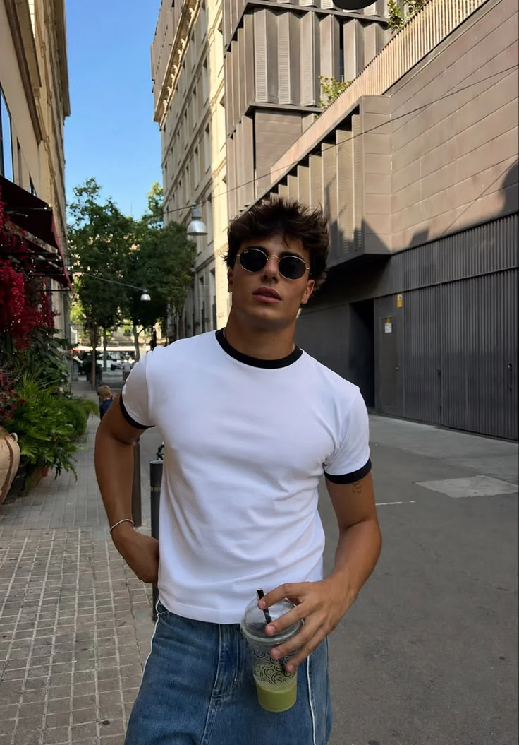 Original Pin showing a menswear look on a city street
